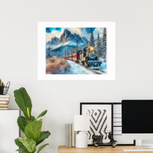 Affiche d'art IA Train à locomotive à l'aquarelle