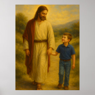 Affiche d'art mural Jésus marchant avec un garçon