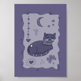 Affiche d'art populaire félin de nuit fantaisiste