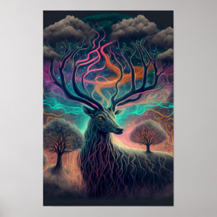 Affiche d'art psychédélique Cerf Mystique Animal