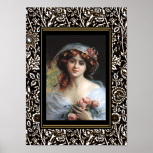 Affiche d'art vintage Lady avec des roses roses