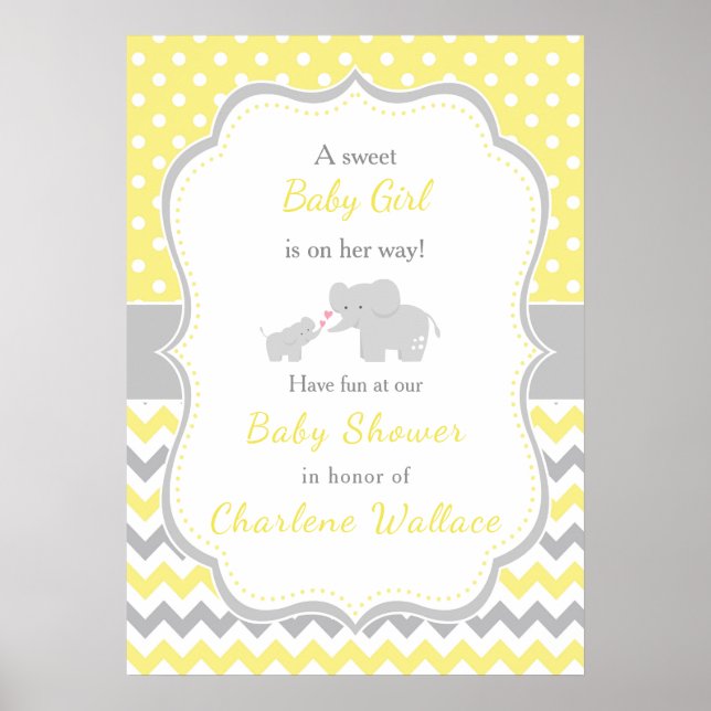 Affiche de Baby shower jaune et gris éléphant (Devant)