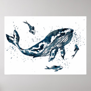 Affiche de baleine à l'aquarelle bleue