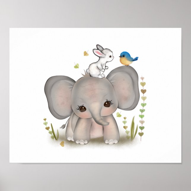 Affiche de bébé éléphant lapin mignon (Devant)