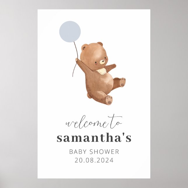 Affiche de bienvenue Baby shower Bear Blue Balloon (Devant)