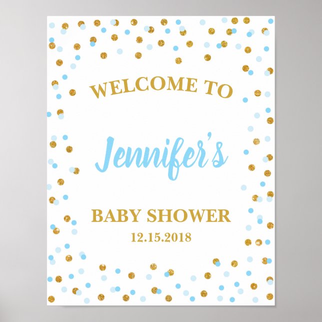 Affiche de bienvenue Baby shower bleu et or person (Devant)