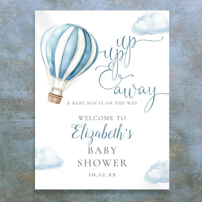 Affiche de bienvenue Baby shower Blue Hot Air Ball (Blue Hot Air Balloon Boy Baby Shower Welcome Sign)