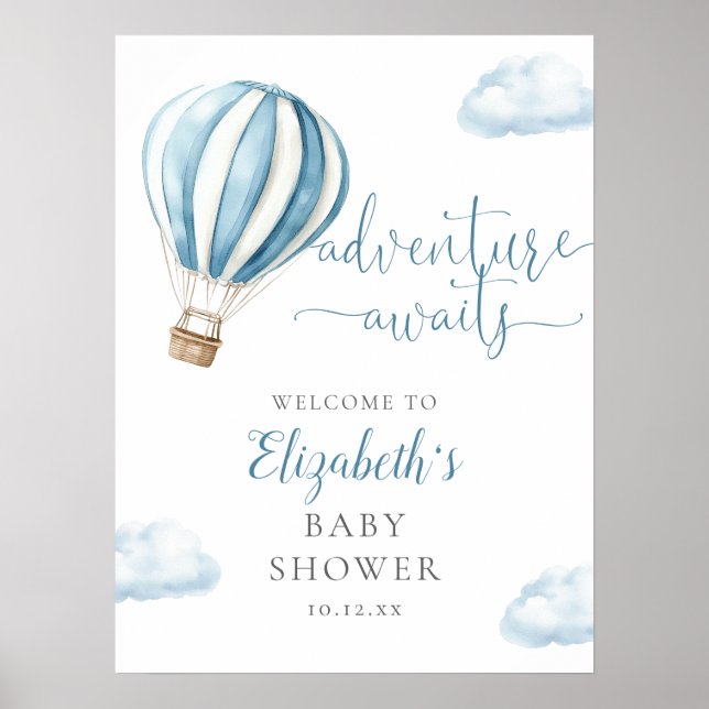 Affiche de bienvenue Baby shower Blue Hot Air Ball (Devant)