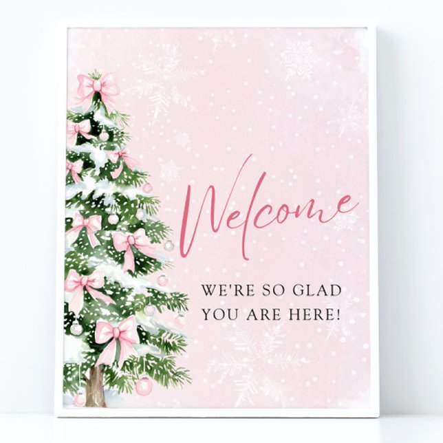 Affiche de bienvenue Baby shower d'arbre de Noël P (Pink Bows Christmas Tree Baby Shower Welcome Sign)