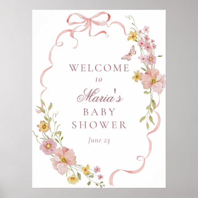 Affiche de bienvenue Baby shower de fleurs et de v (Devant)
