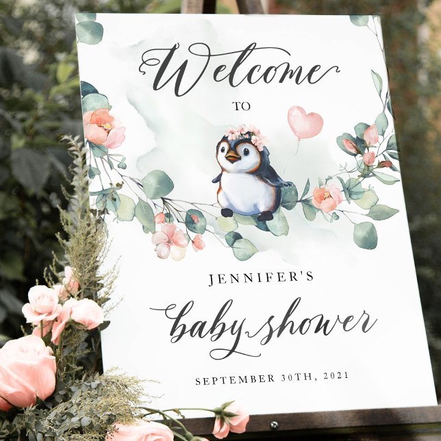 Affiche de bienvenue Baby shower de pingouin (Créateur téléchargé)