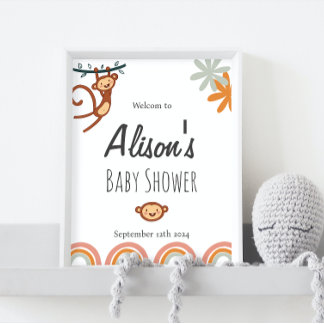 Affiche de bienvenue Baby shower de singe mignonne