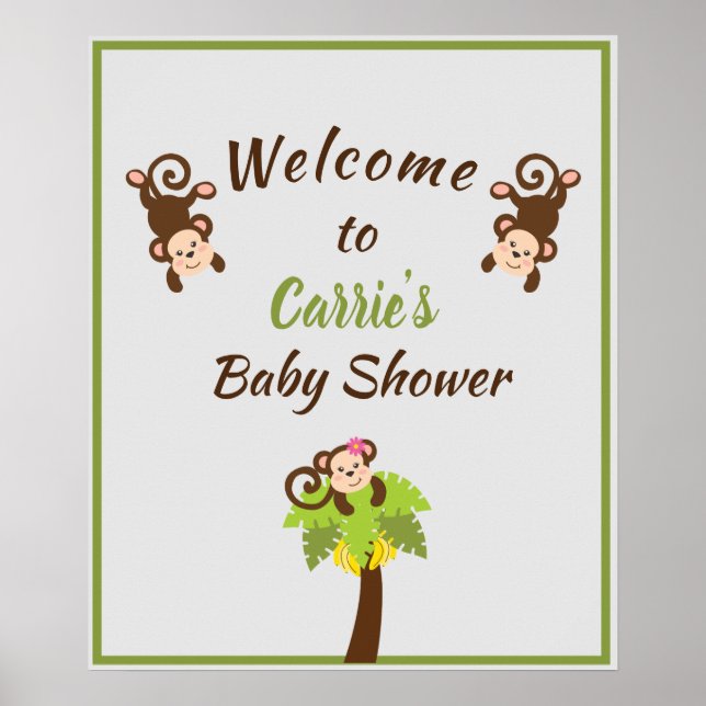 Affiche de bienvenue Baby shower de singes mignons (Devant)