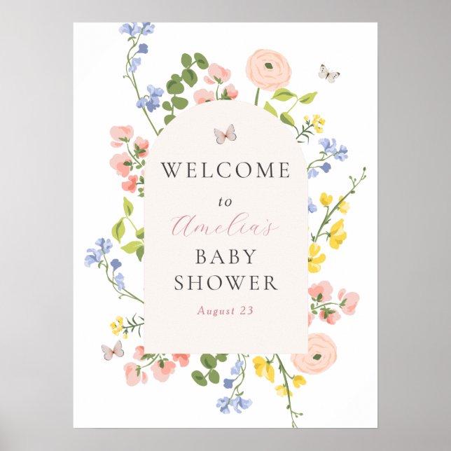 Affiche de bienvenue Baby shower d'élégance floral (Devant)