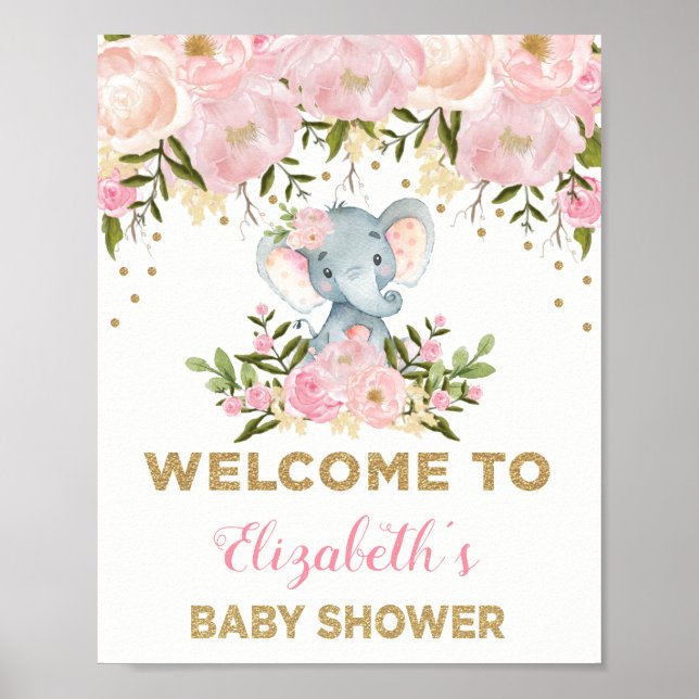 Affiche de bienvenue Baby shower d'éléphant Floral (Devant)