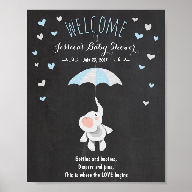 Affiche de bienvenue baby shower éléphant bleu gar (Devant)