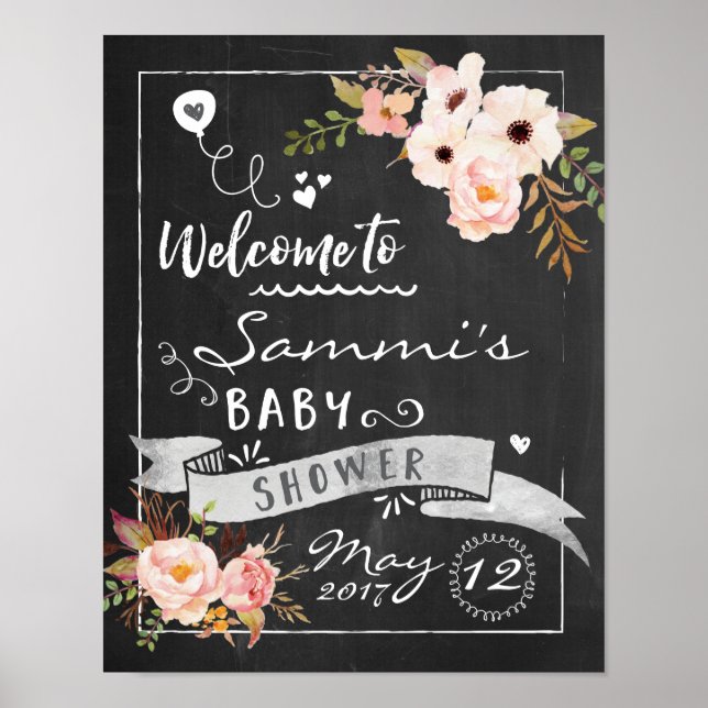 Affiche de bienvenue Baby shower floral Chalkboard (Devant)