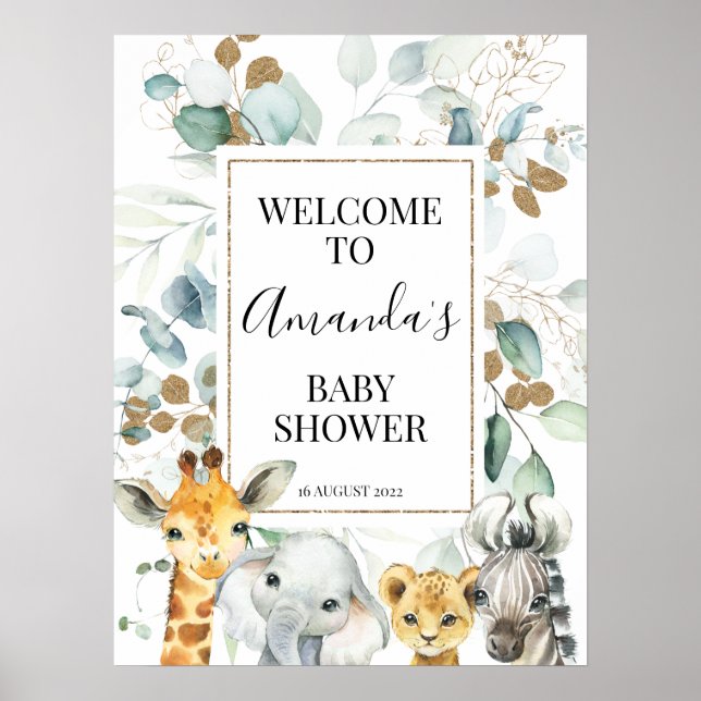 Affiche de bienvenue Baby shower Gold Eucalyptus S (Devant)
