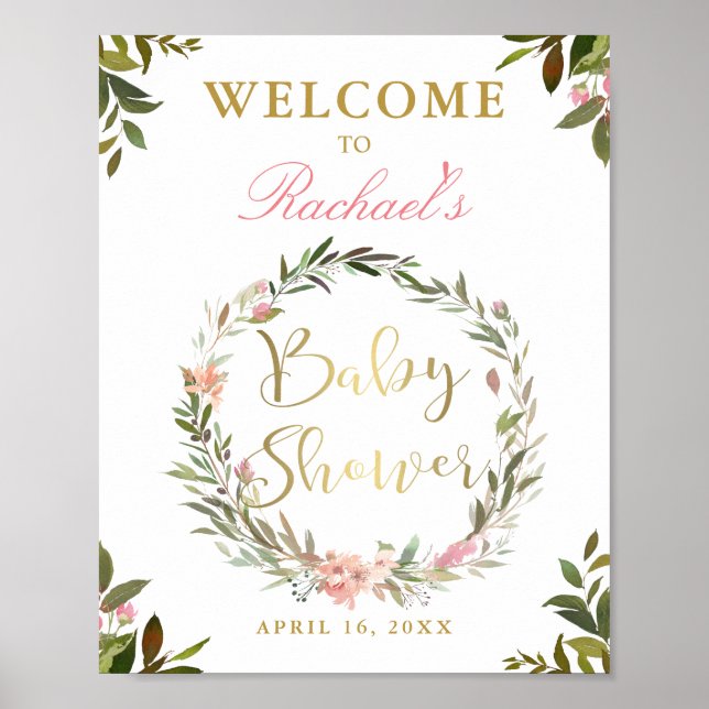 Affiche de bienvenue Baby shower Gold Script Green (Devant)