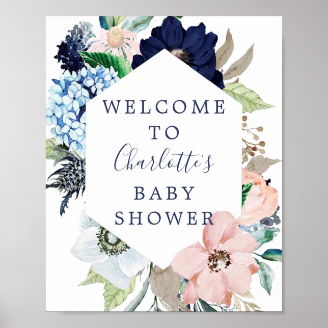 Affiche de bienvenue Baby shower Navy & Blush (Devant)
