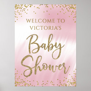 Affiche de bienvenue Baby shower or rose