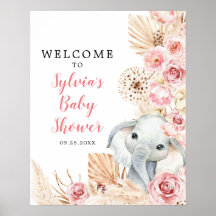 Affiche de bienvenue Baby shower rose Boho Elephan