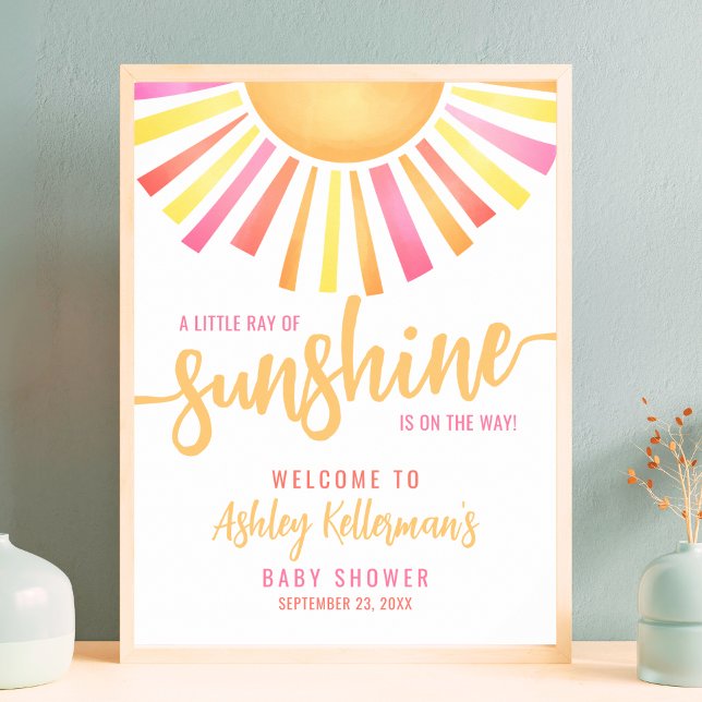 Affiche de bienvenue Baby shower rose clair Sunshi (Sunshine Bright Pink Baby Shower Welcome Sign)