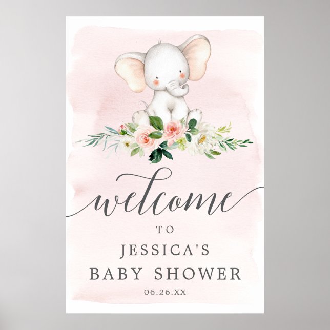 Affiche de bienvenue Baby shower rose éléphant (Devant)