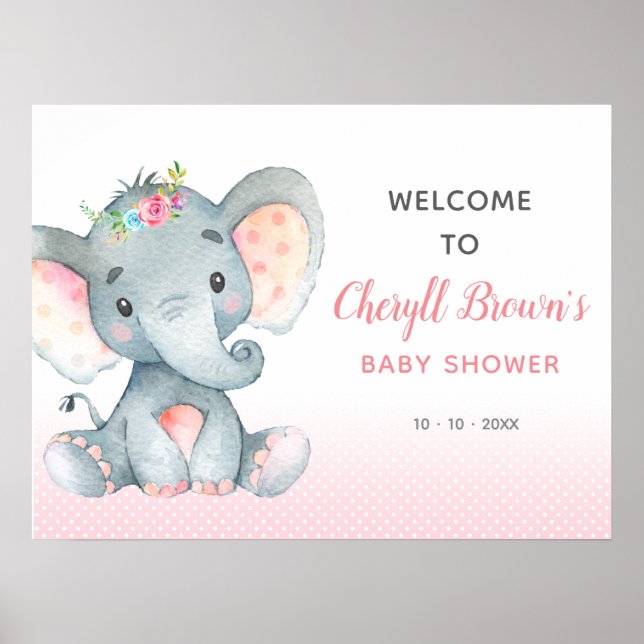 Affiche de bienvenue Baby shower rose éléphant (Devant)