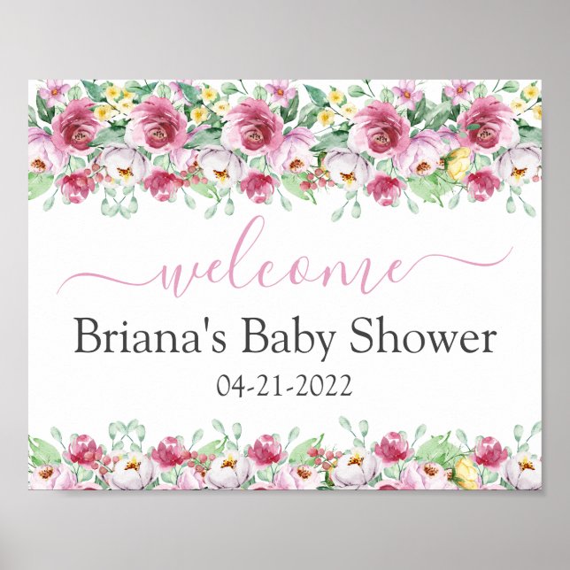 Affiche de bienvenue Baby shower rose florale fill (Devant)
