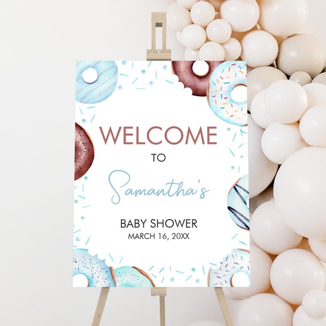 Affiche de bienvenue Bleu Donuts et Diapers (Donuts and Diapers Baby Shower Welcome Sign)