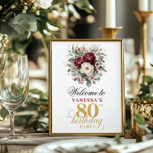 Affiche de bienvenue Burgundy Blush pour 80e anniv