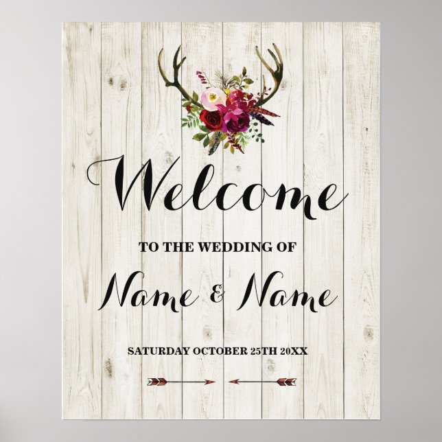 Affiche de bienvenue Cerf Panneau de mariage flora (Devant)