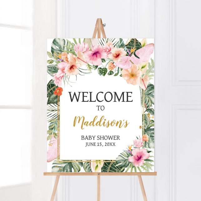 Affiche de bienvenue d'Aloha floral tropical (Girl Hawaiian Baby Shower Welcome Sign)