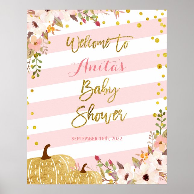 Affiche de bienvenue de Baby shower Citrouille ros (Devant)