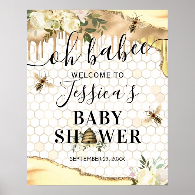 Affiche de bienvenue de Baby shower d'abeilles vin (Devant)