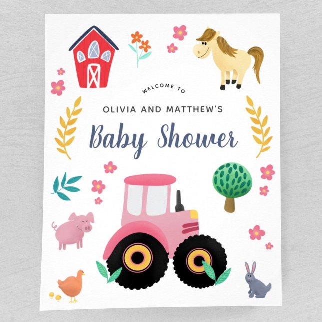 Affiche de bienvenue de Baby shower de ferme rose  (Créateur téléchargé)