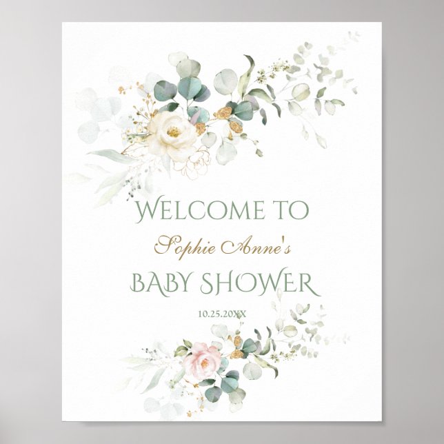 Affiche de bienvenue de Baby shower de fleurs rose (Devant)