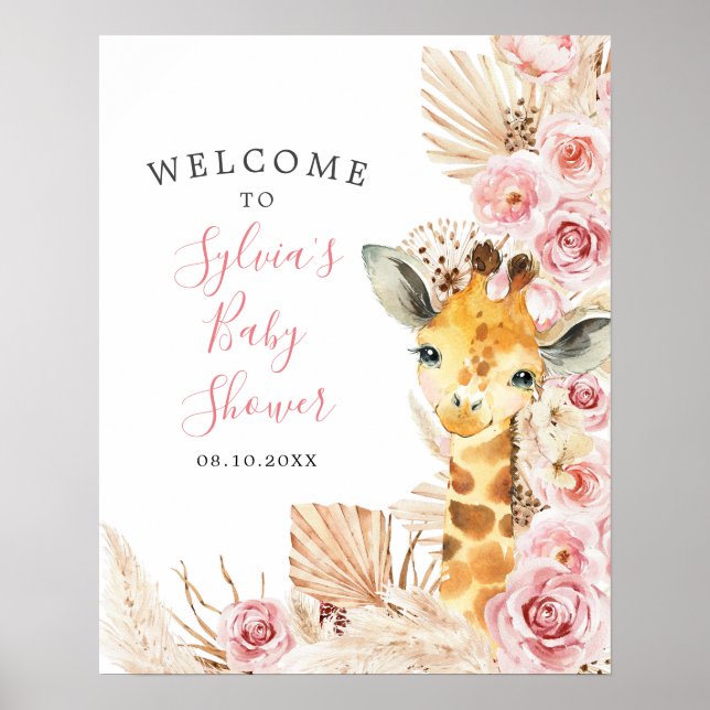 Affiche de bienvenue de Baby shower de girafe Boho (Devant)