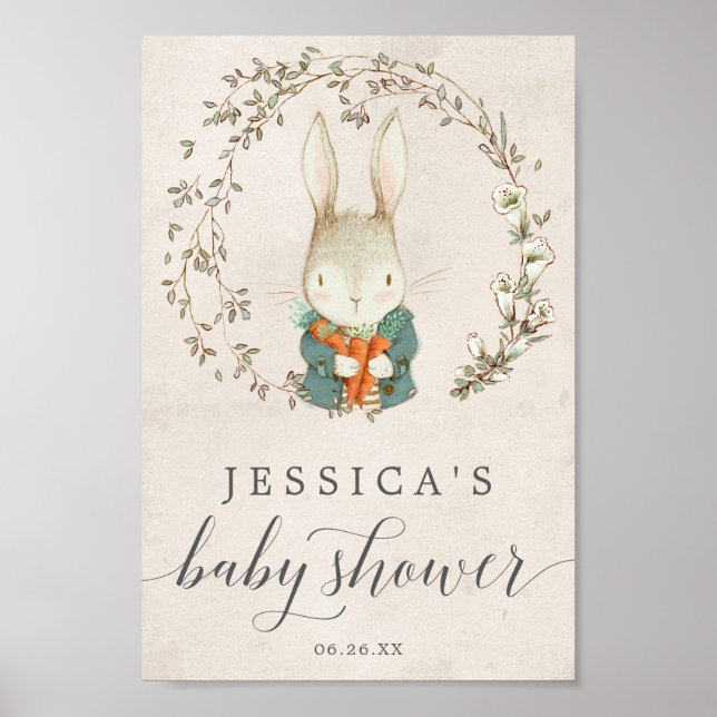 Affiche de bienvenue de Baby shower de lapin vinta (Devant)