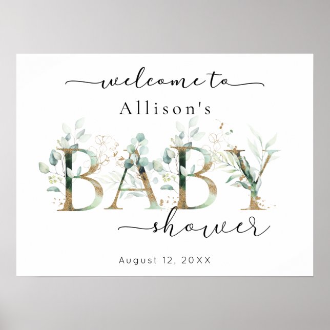 Affiche de bienvenue de Baby shower d'or Eucalyptu (Devant)