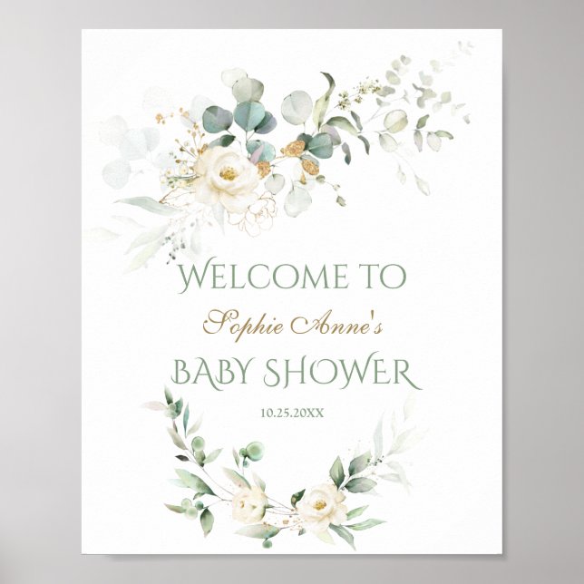 Affiche de bienvenue de Baby shower Floral Blanc (Devant)