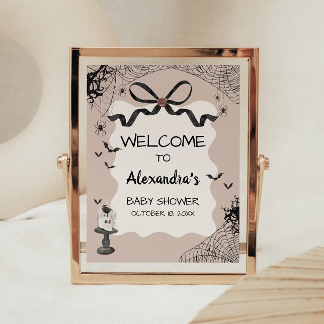 Affiche de bienvenue de Baby shower gothique Littl (Black Bow Little Boo Halloween Gothic Baby Shower Sign)