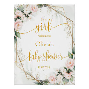 Affiche de bienvenue de Baby shower rose et or