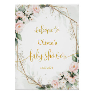 Affiche de bienvenue de Baby shower rose et or