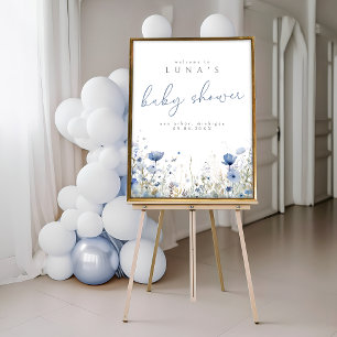Affiche de bienvenue de bébé mignon bleu en fleurs
