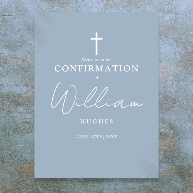 Affiche de bienvenue de confirmation de script ble (Dusty Blue Script Confirmation Welcome Sign)