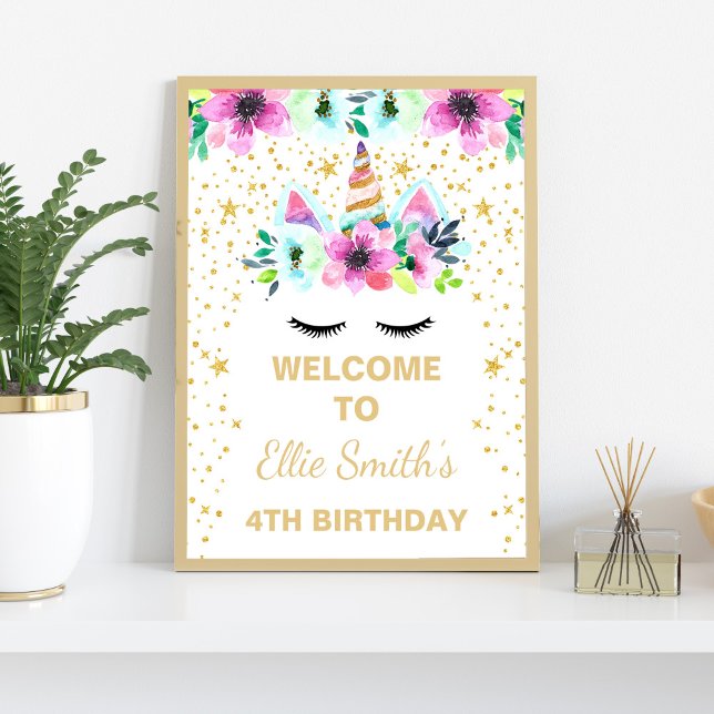 Affiche de bienvenue de fête d'anniversaire de la  (Pink Unicorn Birthday Welcome Signs)