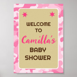 Affiche de bienvenue de la fête Camo rose modifiab