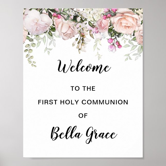 Affiche de bienvenue de la première communion rose (Devant)